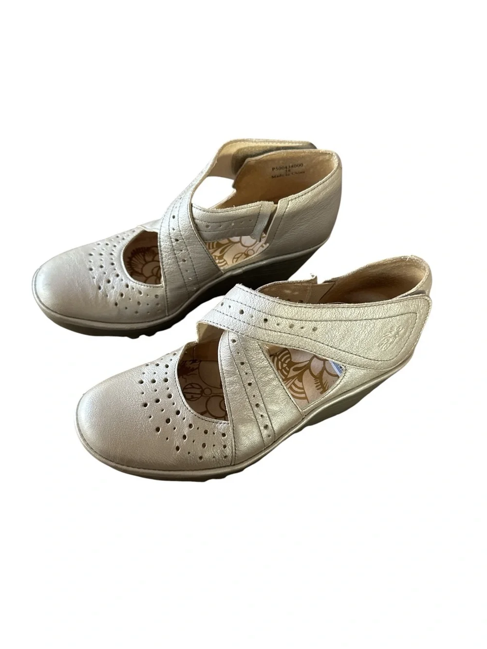 FLY London Yepe Metallic Champagne Wedge Crisscross Mary Jane Shoes Size EU 38